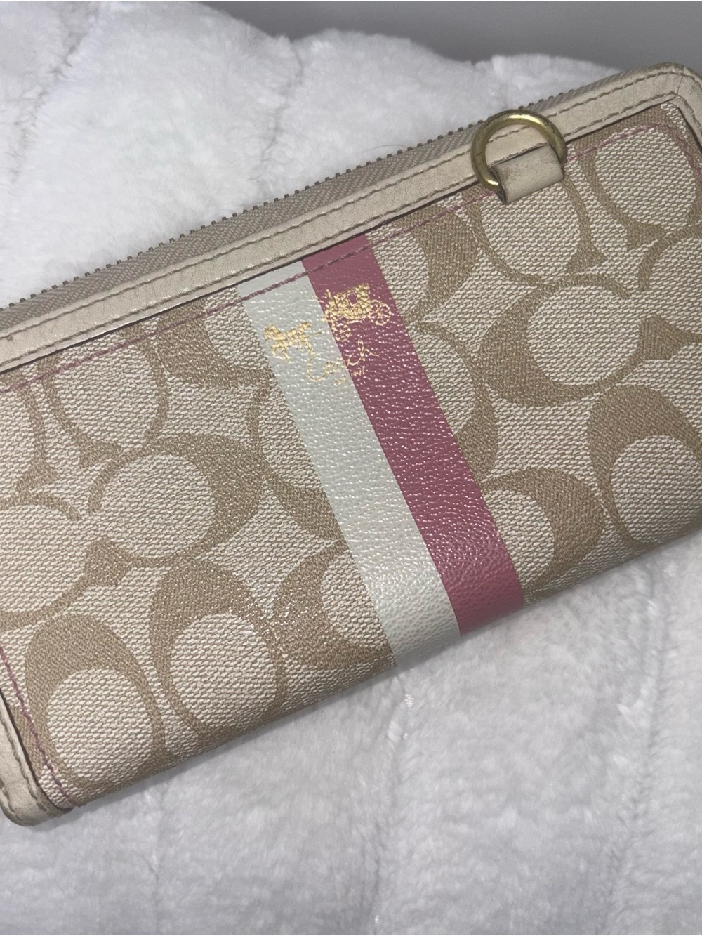 Coach Monogram Zip Wallet in Khaki, Cream & Pink Stripe